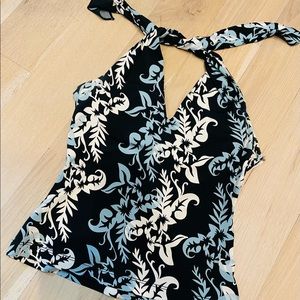 BCBG halter top. Black, blue, cream.